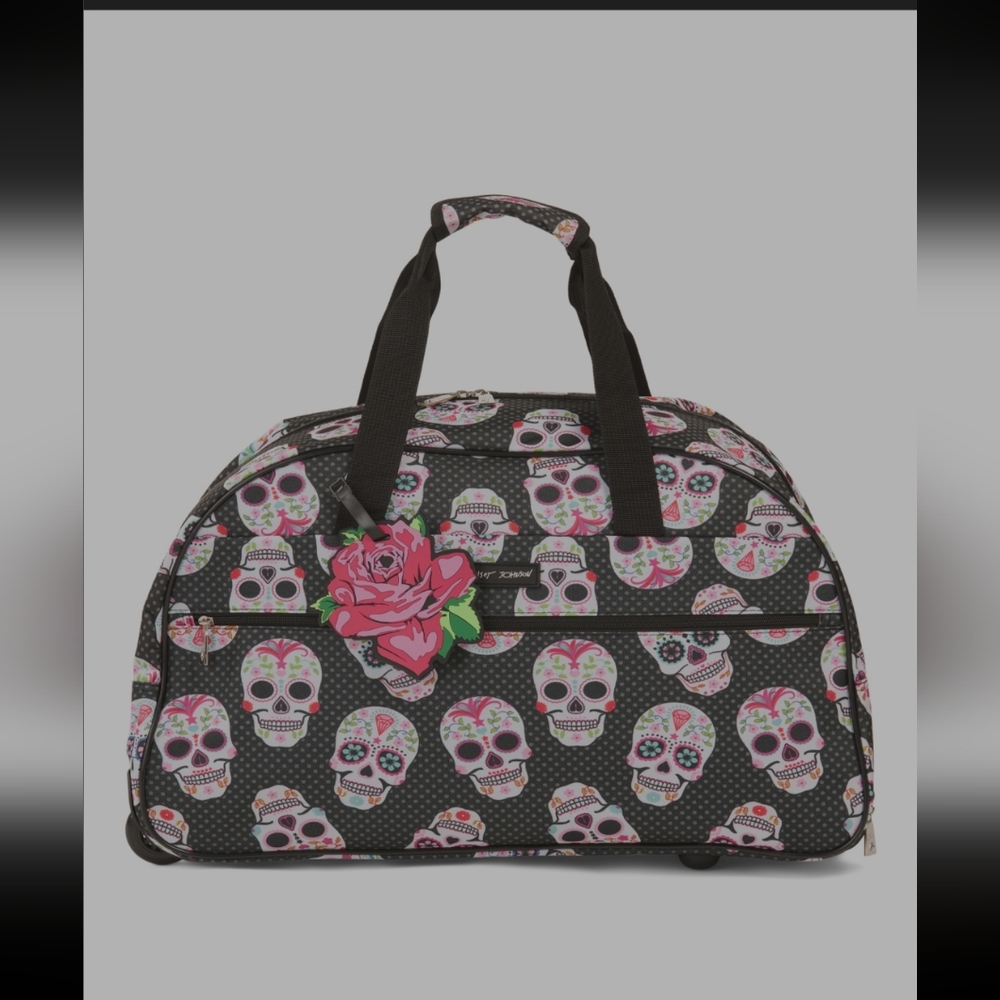 Betsey Johnson rolling duffle bag sugar skulls NWT